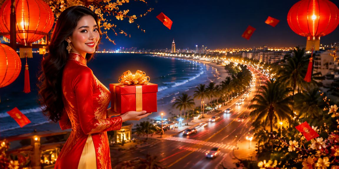 Phong bì đỏ thưởng và áo dài truyền thống Phan Thiết mùa lễ hội voucher